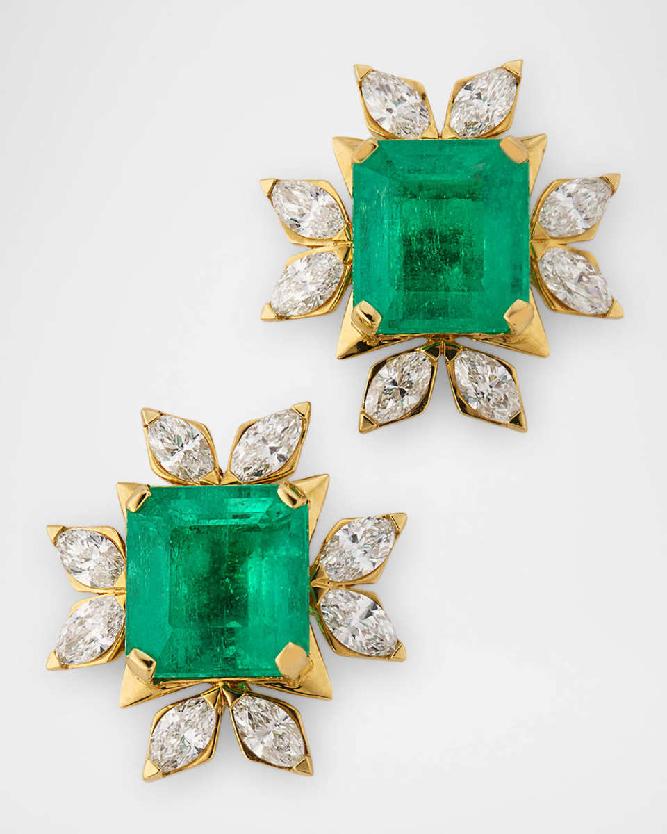 G-One 18K Yellow Gold Emerald Stud Earrings with Marquise Diamonds